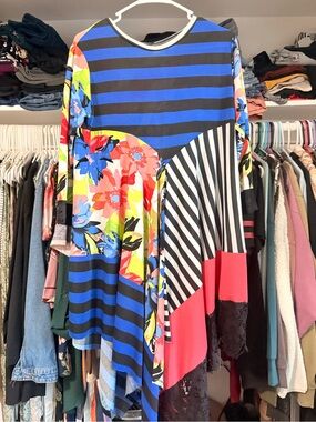 Floral & Stripe Mixed-Print Asymmetric Dress - Blue/Black/Pink